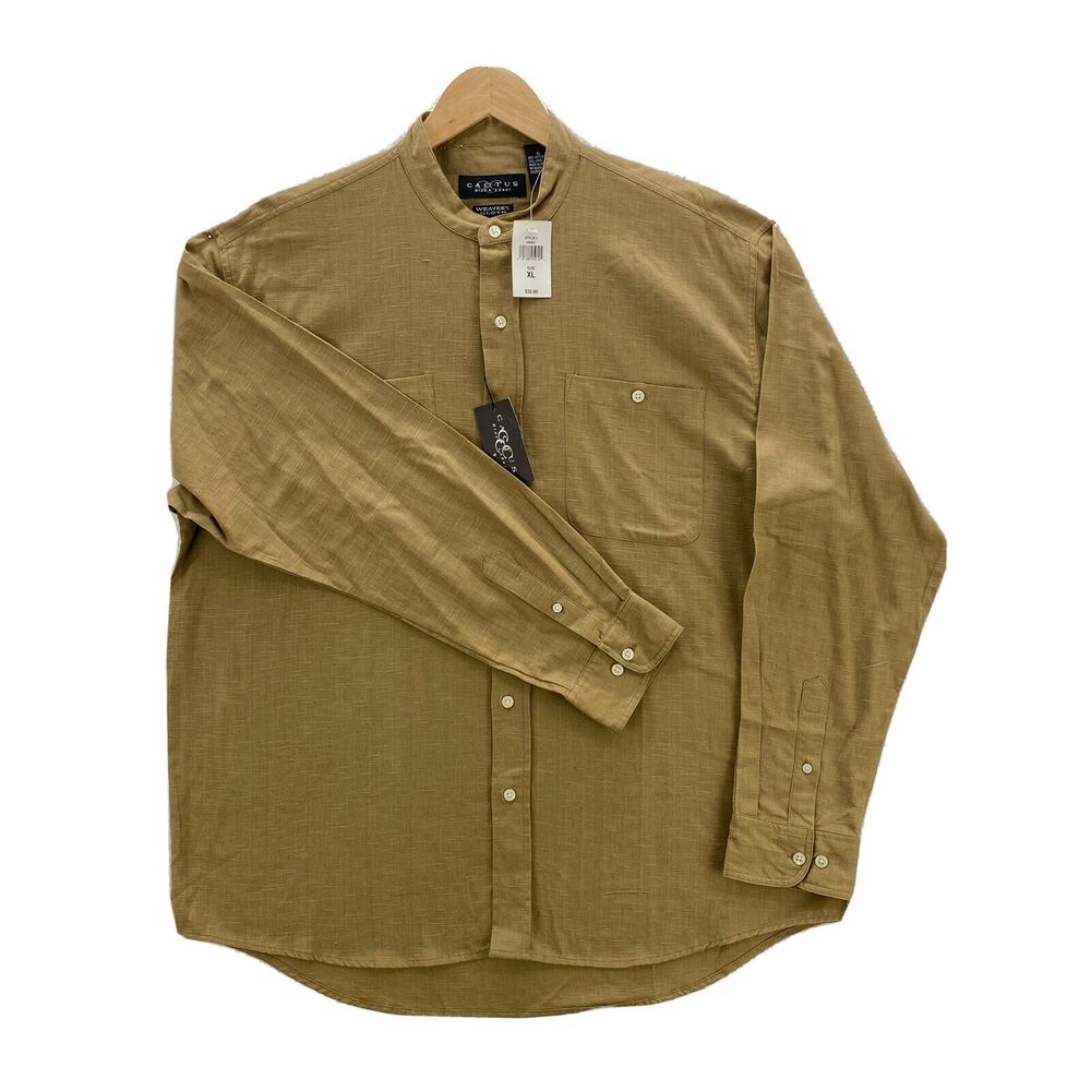 Cactus Black Label Shirt Men's XL Beige Linen Collarless Long Sleeve Button Up